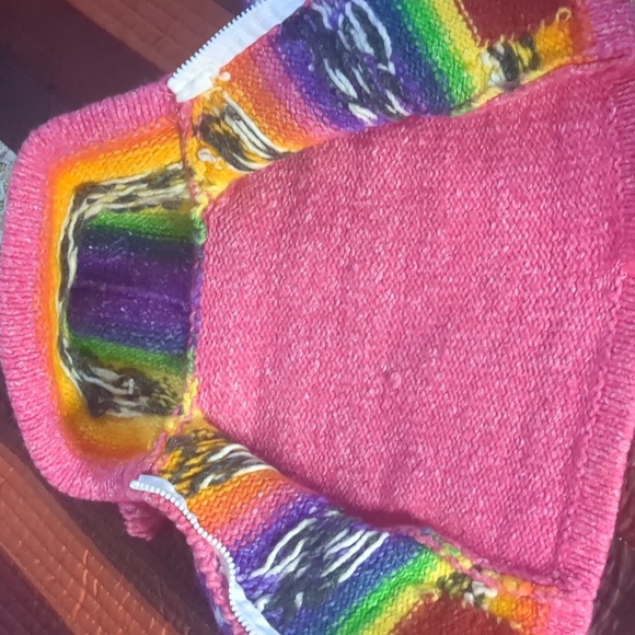 Handmade knit cowichan style boho rainbow wool zip front hooded baby sweater - Picture 7 of 16